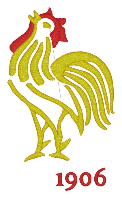 Embroidered yellow rooster with the year "1906" below it on a Nations of Rugby France Vintage Classic Jersey by EMB Mudoo.