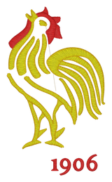 Embroidered yellow rooster with the year "1906" below it on a Nations of Rugby France Vintage Classic Jersey by EMB Mudoo.