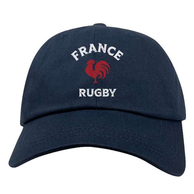 A Nations of Rugby France Dad Cap with a rooster on it, perfect for an EMB Alpha Broder dad cap.