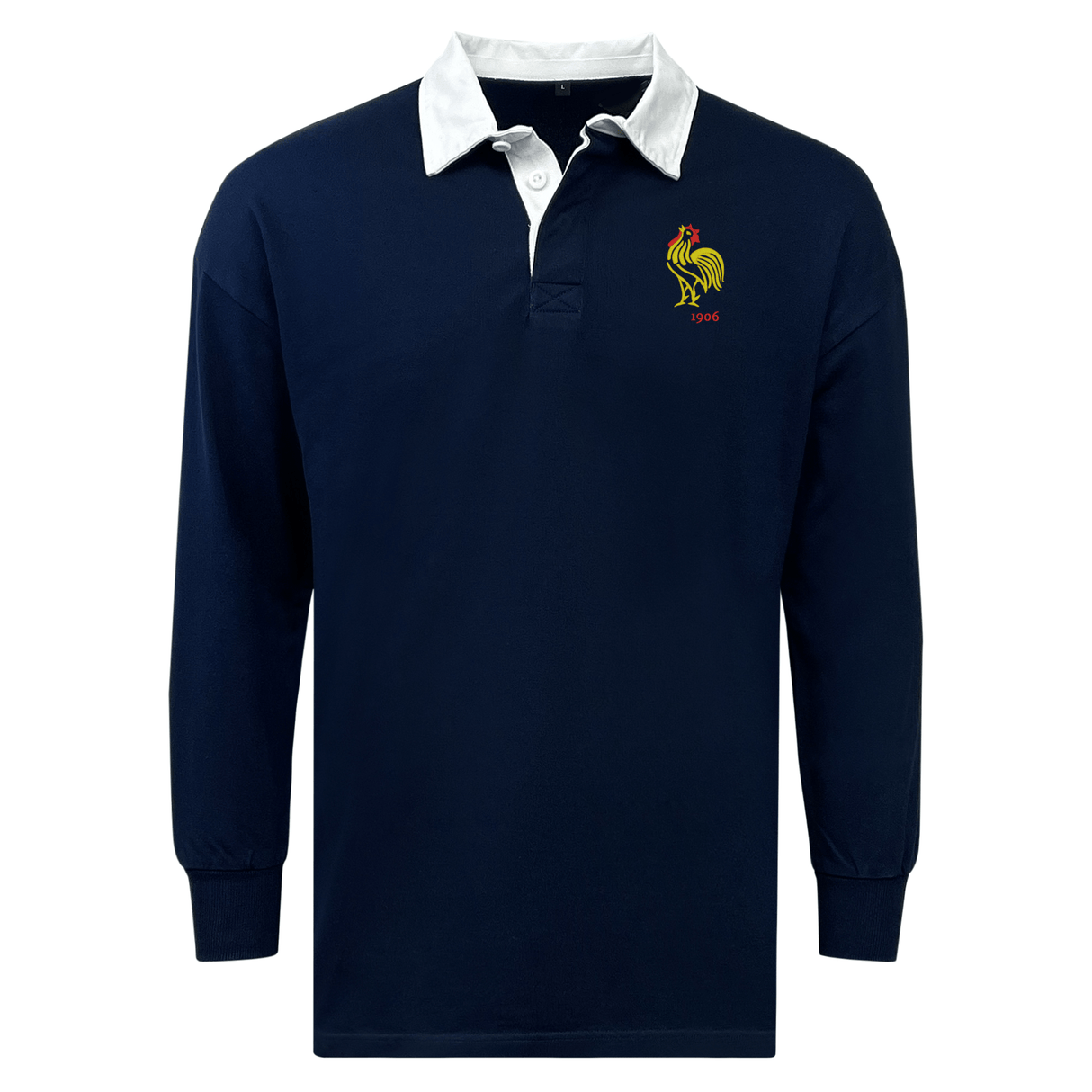 Navy blue long-sleeved rugby polo shirt with a white collar and an embroidered crest on the left chest, crafted from a vintage cotton/poly blend featuring the Nations of Rugby France Vintage Classic Jersey by EMB Mudoo.