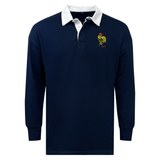 Navy blue long-sleeved rugby polo shirt with a white collar and an embroidered crest on the left chest, crafted from a vintage cotton/poly blend featuring the Nations of Rugby France Vintage Classic Jersey by EMB Mudoo.