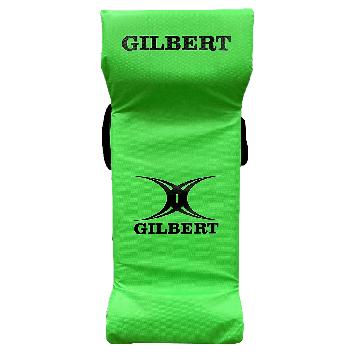 A green Hadar Gilbert Senior Rugby Tackle Wedge, ideal for senior training, features black handles on the sides and the Gilbert logo printed in black on the front.