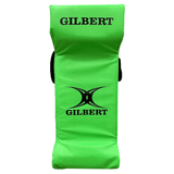 A green Hadar Gilbert Senior Rugby Tackle Wedge, ideal for senior training, features black handles on the sides and the Gilbert logo printed in black on the front.