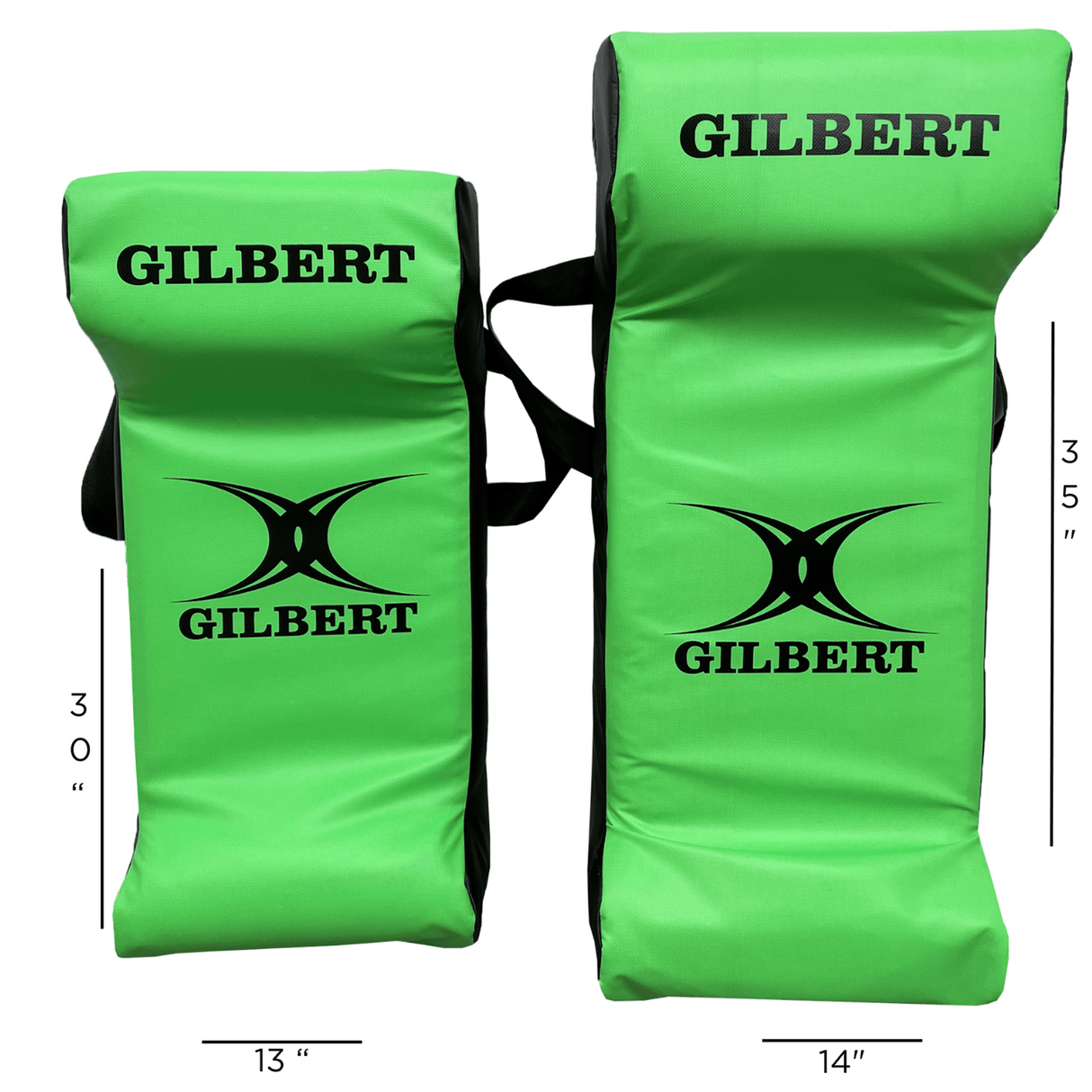 Two green Hadar Gilbert Junior Rugby Green Tackle Wedges with black text and logos, one 30 inches tall and the other 35 inches tall, placed side by side – ideal as junior tackle wedges for Hadar Rugby training equipment.