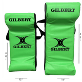 Two green Hadar Gilbert Junior Rugby Green Tackle Wedges with black text and logos, one 30 inches tall and the other 35 inches tall, placed side by side – ideal as junior tackle wedges for Hadar Rugby training equipment.