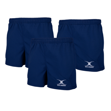 Three pairs from the Gilbert Virtuo Match Short 3-Pack Bundle, navy blue sports shorts with an elastic waistband and "Bundle Gilbert" logo on the left leg, featuring a rugby-specific fit, are displayed against a white background.