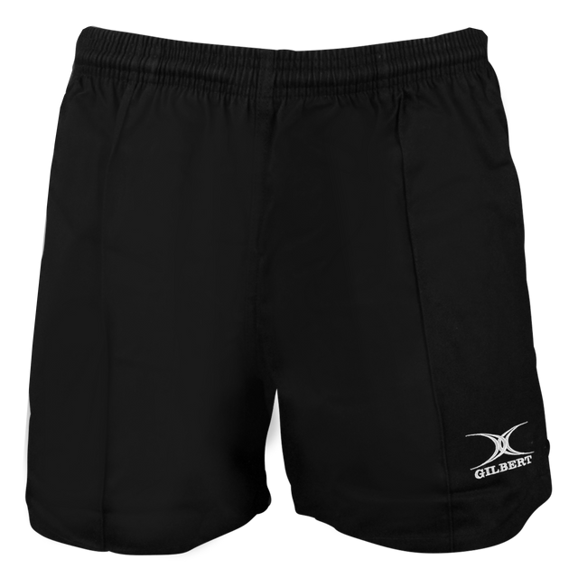 Gilbert Kiwi Pro Rugby Shorts in black have an elastic waistband and display the classic Gilbert logo on the left leg.