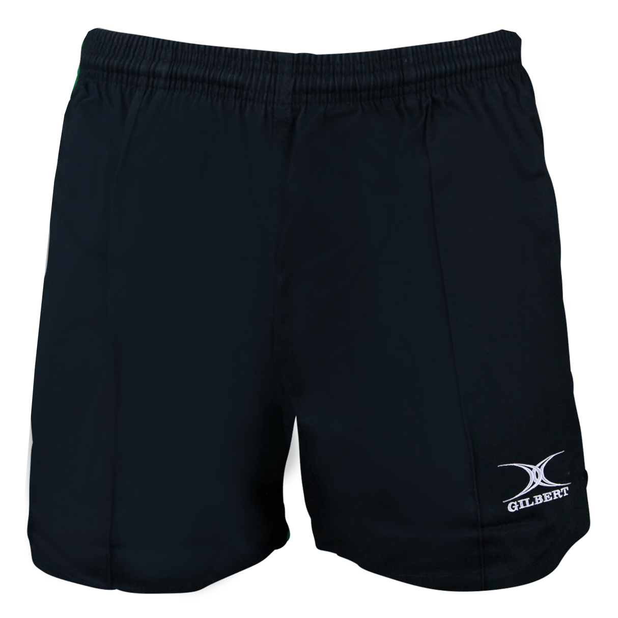 The Gilbert Kiwi Pro Rugby Shorts are made from 100% cotton and feature an elastic waistband with a subtle logo on the lower left side. These black shorts by Gilbert offer comfort and style for sports or casual wear.