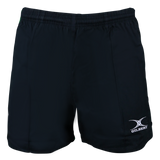 The Gilbert Kiwi Pro Rugby Shorts are made from 100% cotton and feature an elastic waistband with a subtle logo on the lower left side. These black shorts by Gilbert offer comfort and style for sports or casual wear.