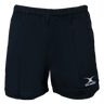 The Gilbert Kiwi Pro Rugby Shorts are made from 100% cotton and feature an elastic waistband with a subtle logo on the lower left side. These black shorts by Gilbert offer comfort and style for sports or casual wear.