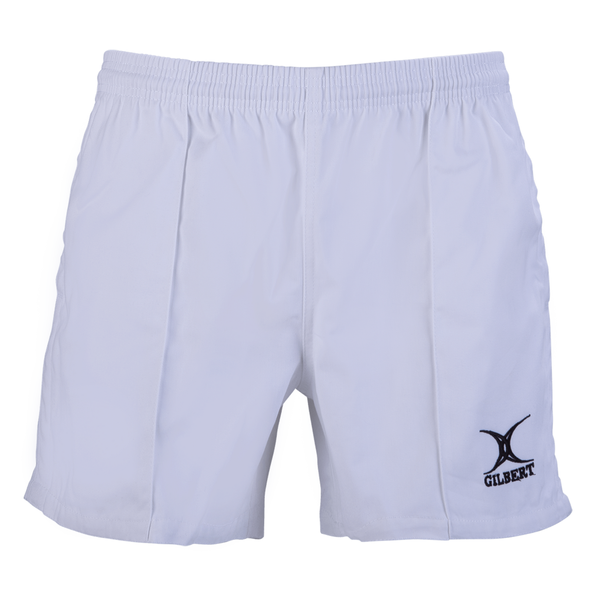 The Gilbert Kiwi Pro Rugby Shorts, made from 100% cotton with an elastic waistband, feature a "Gilbert" logo on the lower right leg. Designed for sports enthusiasts, they offer comfort and durability.