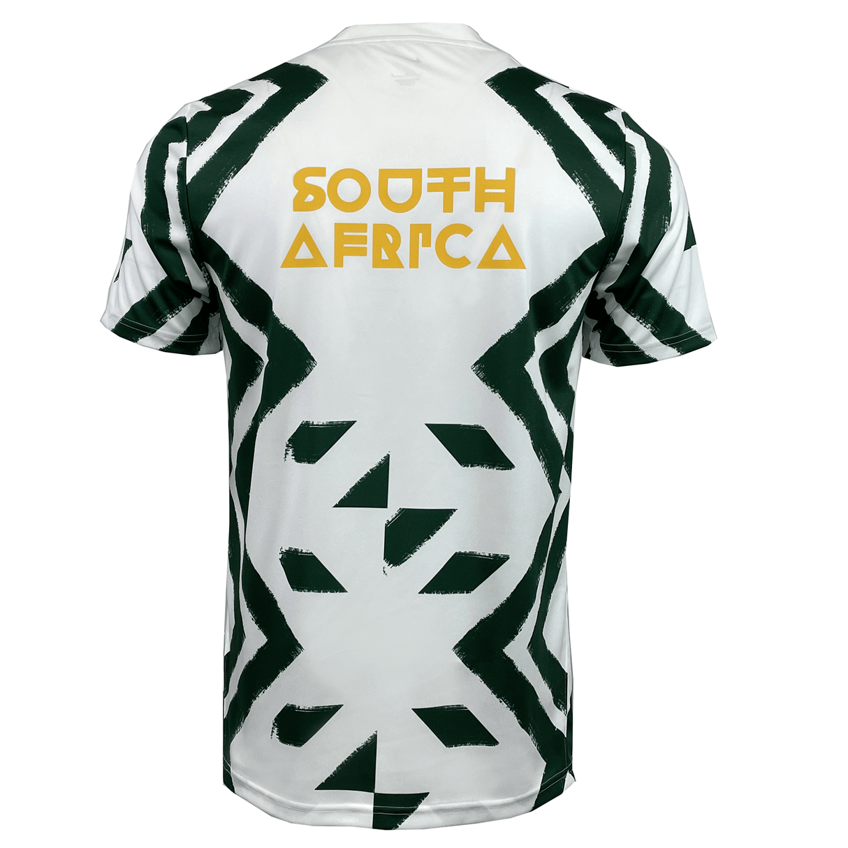 A white and green Nike Springboks Pre-Match Top by Nike featuring bold geometric patterns and the words "South Africa" in yellow on the back, perfect for supporting the Springboks.