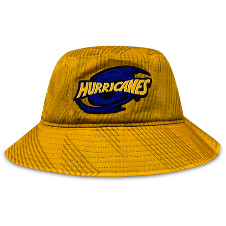 Yellow bucket hat with stitching around the brim and Hurricanes logo in the center.