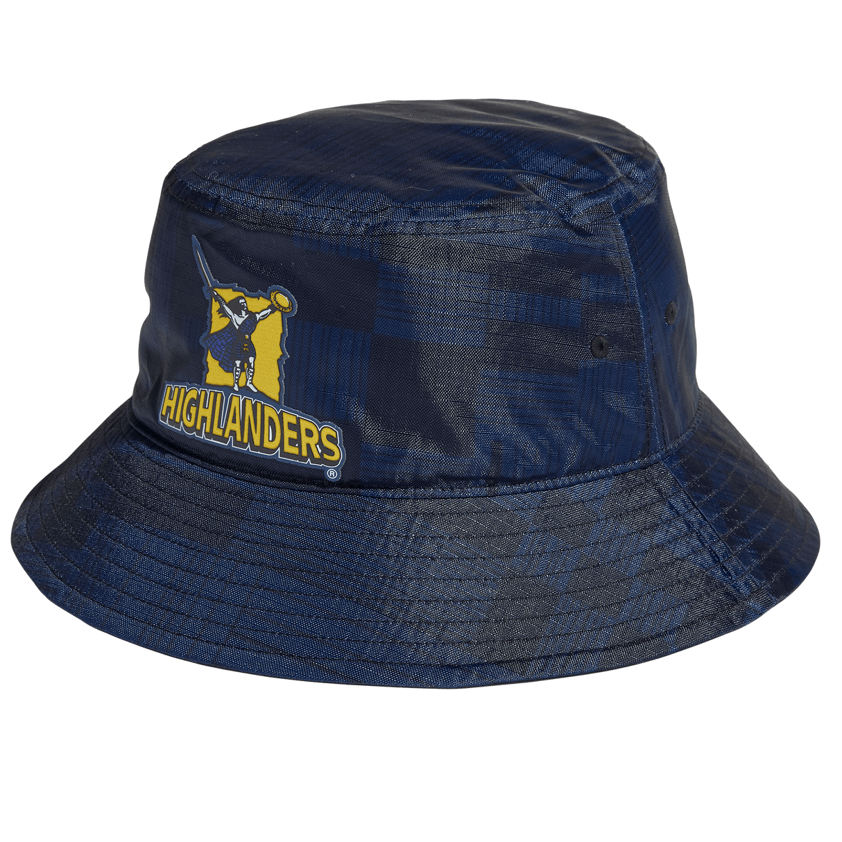 A navy blue Highlanders Super Rugby bucket hat by adidas, adorned with a plaid pattern, featuring an embroidered "Highlanders" logo and a figure holding a sword.