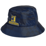 A navy blue Highlanders Super Rugby bucket hat by adidas, adorned with a plaid pattern, featuring an embroidered "Highlanders" logo and a figure holding a sword.