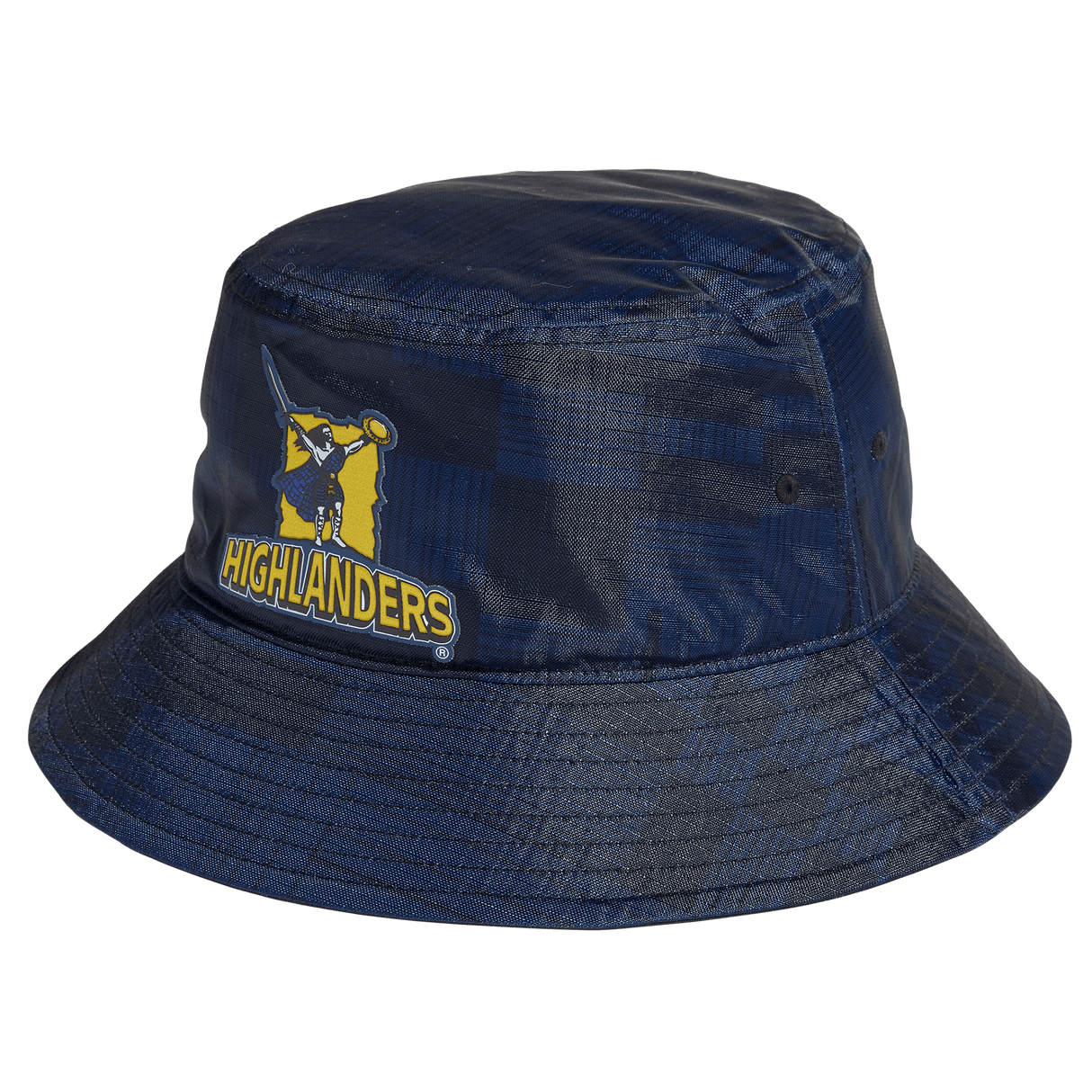 The Highlanders Super Rugby Bucket Hat by Adi COTW features the word "Highlanders" and a highlander logo on the front, complete with adidas branding.