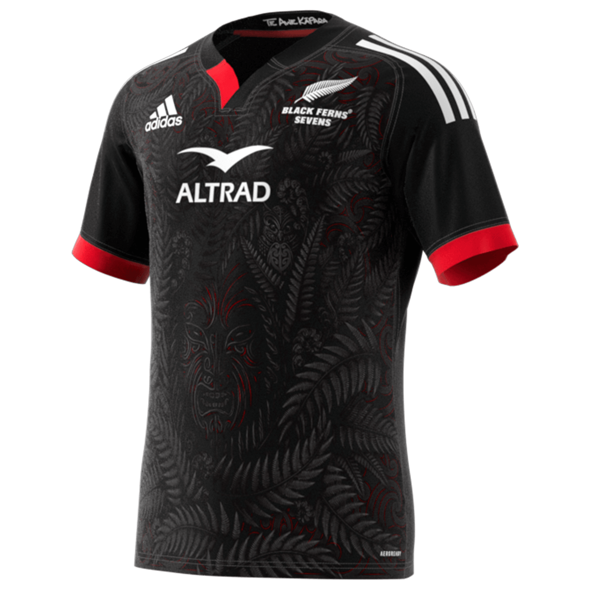 The Māori All Blacks Home Supporters Jersey by adidas is expertly crafted from moisture-wicking fabric and recycled polyester, showcasing a stylish black design with red accents, intricate fern patterns, and the iconic Adidas logo alongside Altrad branding.