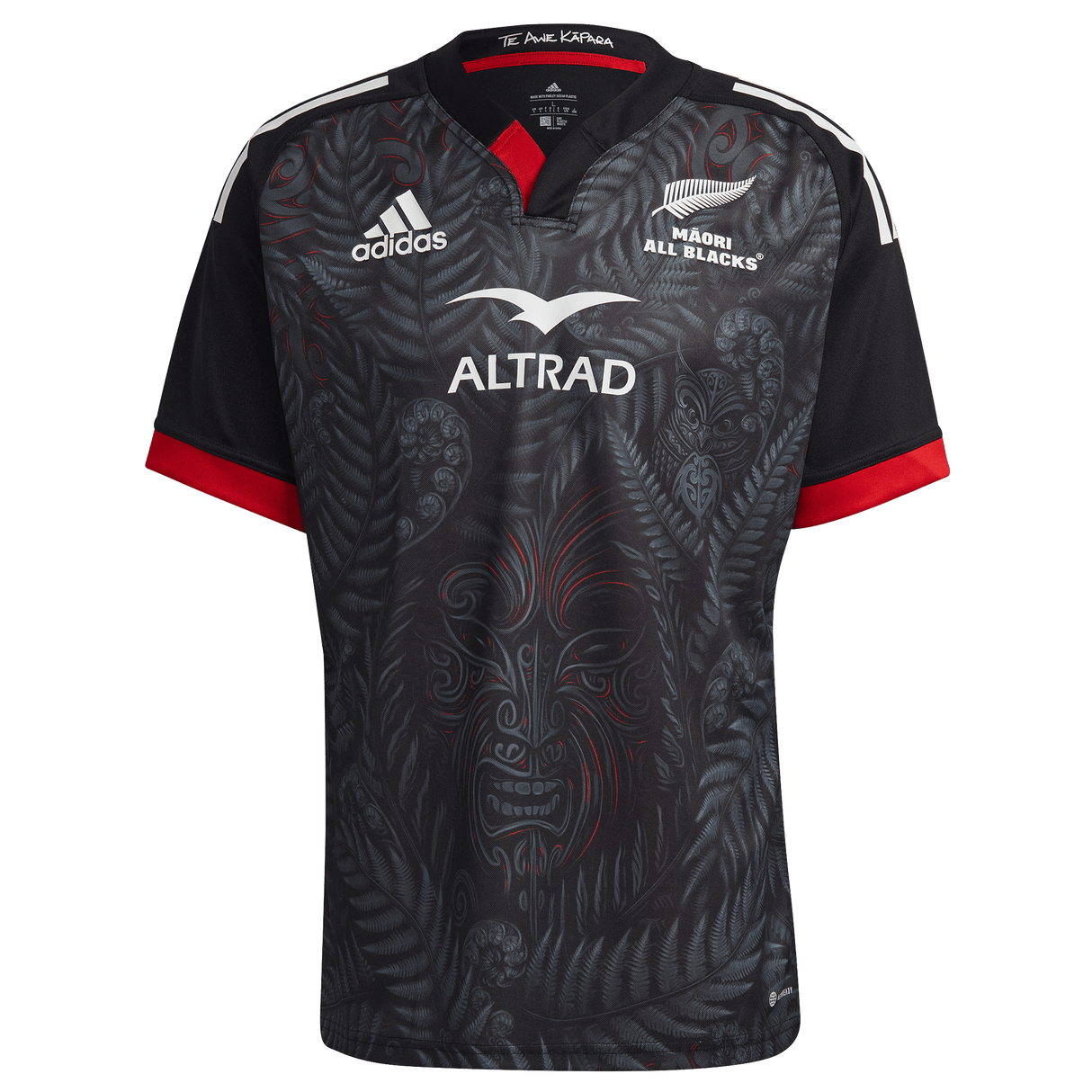 A Māori All Blacks Home Supporters Jersey by adidas, colored in black and red, crafted from recycled polyester, highlighting intricate designs and prominently displaying the Adidas and Altrad logos.