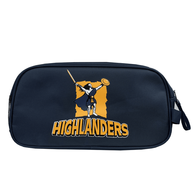 Navy blue Highlanders Super Rugby Zipper Boot Bag by DryWorld featuring a graphic of a character holding a spear and shield, with the text "Highlanders Super Rugby" below the graphic.