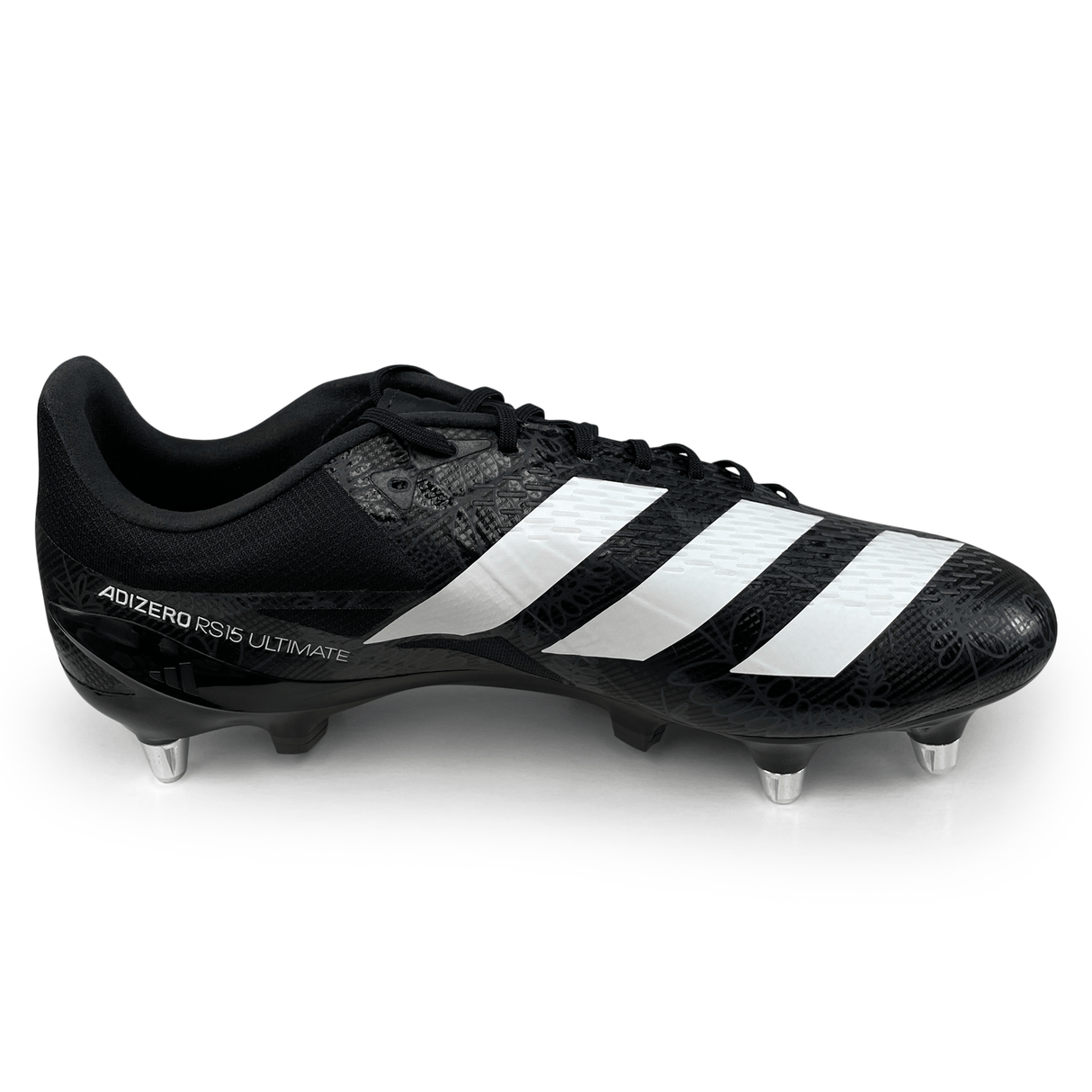 A Core Black/White/Carbon adidas adizero RS15 Ultimate SG 23 rugby cleat, featuring metal studs for soft ground, shown from a side angle.