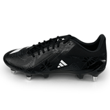 Introducing the adidas adizero RS15 Ultimate SG 23 in Core Black, White, and Carbon - these lightweight boots feature silver studs and a prominent white Adidas logo on the side, making them perfect for soft ground play.