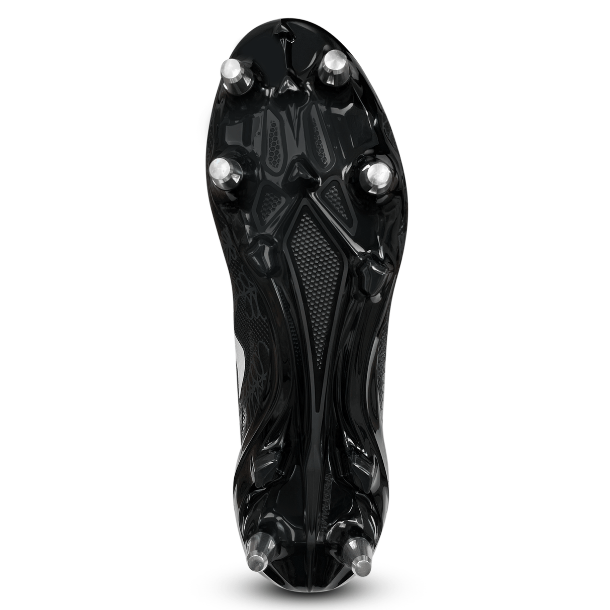 The sole of the adidas adizero RS15 Ultimate SG 23 - Core Black/White/Carbon rugby cleats, featuring metal studs designed to provide traction and stability on soft ground in sports.