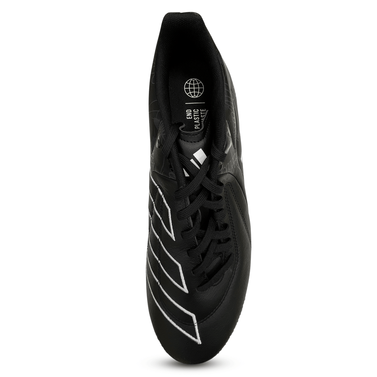 Top view of the adidas RS15 Elite SG 23 athletic shoe in Core Black/White/Carbon, showcasing a lace-up design with white accents and a small Earth symbol alongside the text "End Plastic Waste" on the tongue. Reminiscent of sleek rugby cleats, these stylish sneakers by adidas make a bold statement both on and off soft ground.