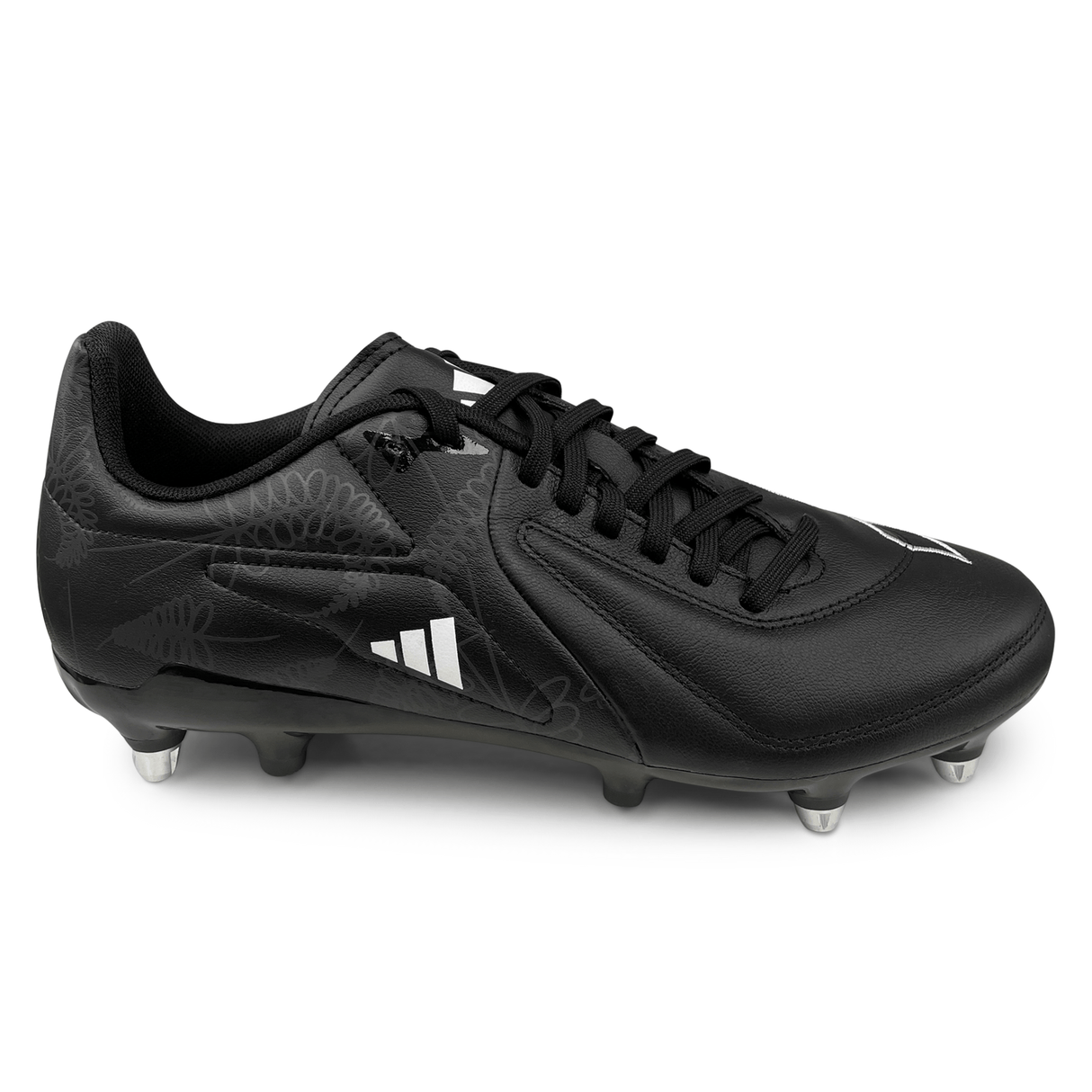 The adidas RS15 Elite SG 23 in Core Black/White/Carbon features a sleek black leather design with white logo accents and metal studs on the sole, making it perfect for soft ground conditions.