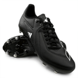 A pair of adidas RS15 Elite SG 23 rugby cleats in Core Black/White/Carbon, featuring black leather with metal studs, white accents, and side logos, displayed with one shoe laying on its side.