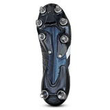 This image showcases the bottom view of an adidas Kakari Z.1 SG 23 rugby cleat in core black, white, and carbon design, featuring six metal studs arranged on the sole, ideal for soft ground play.