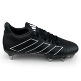 The adidas Kakari Elite SG '23 rugby boot in Core Black/White/Carbon features six metal studs, white accents, black laces, and is crafted from recycled materials, presented on a white background.