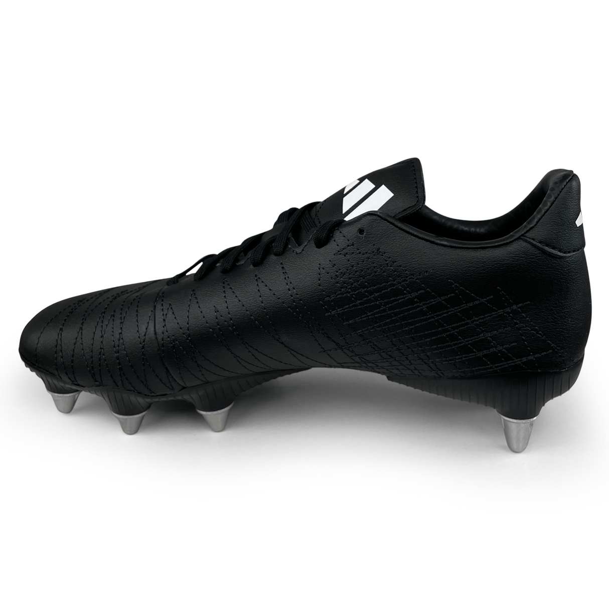 The adidas Kakari Elite SG '23 in Core Black/White/Carbon is a sleek rugby cleat that features metal studs on the sole, a lace-up closure, and is crafted from recycled materials for an eco-friendly touch.