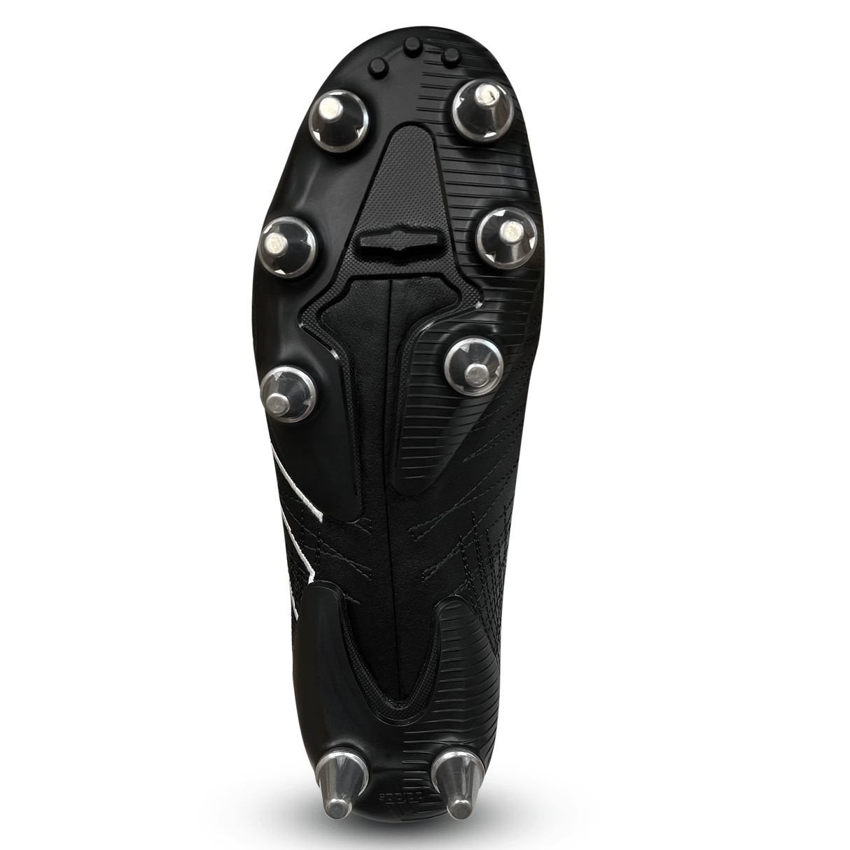 The image shows the sole of the adidas Kakari Elite SG '23 - Core Black/White/Carbon rugby cleat by adidas, made with recycled materials. It features six symmetrically arranged metal studs, providing excellent traction on grassy surfaces.