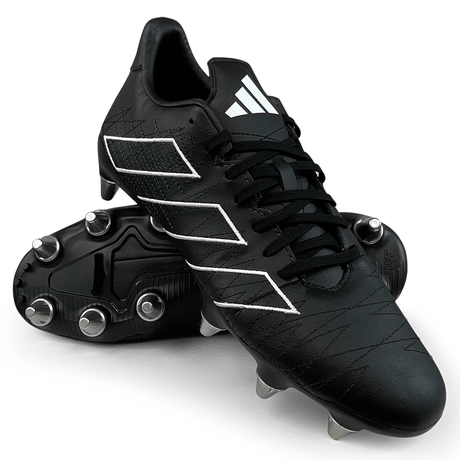 A pair of Core Black/White/Carbon adidas Kakari Elite SG '23 soccer cleats, featuring metal studs on the soles and crafted with recycled materials.