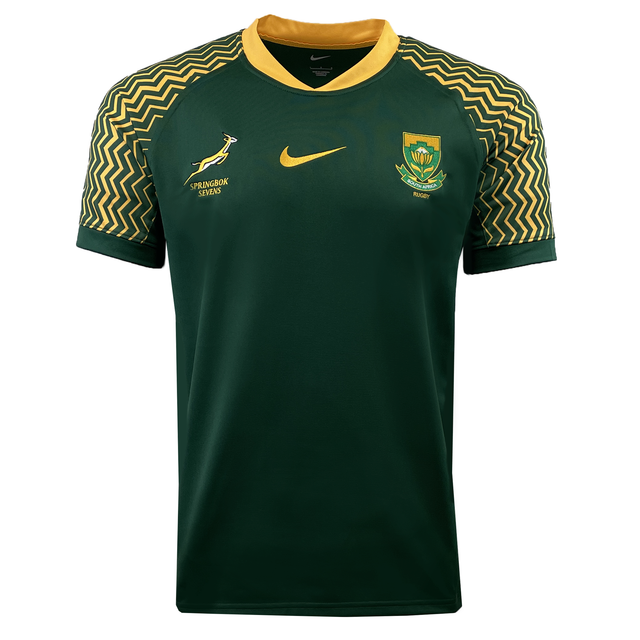 Introducing the Springboks Sevens Stadium Home Jersey by Nike: a green sports jersey accented with a yellow collar and zigzag patterned sleeves. This stylish piece showcases a yellow swoosh logo, the iconic Springbok Sevens emblem, and an emblem featuring a protea flower.