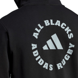 Back view of the All Blacks Supporters Pull Over Hoodie by adidas, featuring the "All Blacks Adidas Rugby" logo with the adidas 3 Bar Logo in the center—a must-have for rugby supporters.