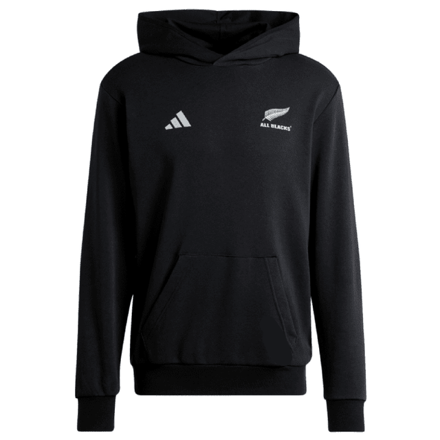 All Blacks Supporters Pull Over Hoodie by adidas: Black hoodie featuring the iconic Adidas 3 Bar Logo on the left chest and "All Blacks" logo on the right. Perfect for rugby supporters, it includes a front kangaroo pocket and a hood.