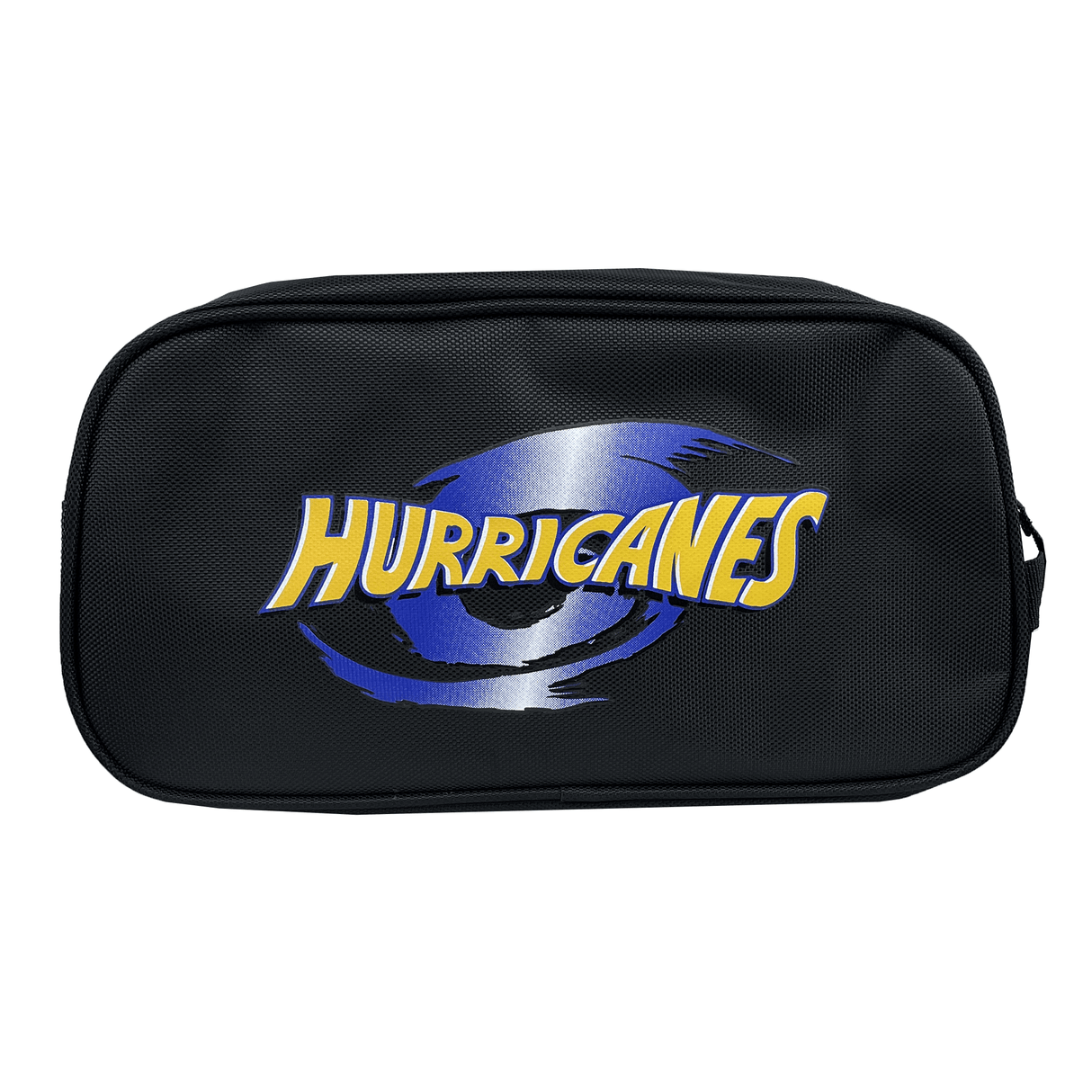 The Hurricanes Super Rugby Zipper Boot Bag by DryWorld is a black zippered boot bag showcasing the word "HURRICANES" and a stylized hurricane logo, perfect for Super Rugby enthusiasts.