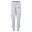 The Howard University Women's Leisure Sweatpant by Canterbury from EMB Canterbury features gray sweatpants made of soft cotton blend fleece, a red and white Howard High logo on the left thigh, an elastic waistband with drawstring, and cuffed ankles—perfect for those seeking style and comfort.