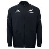 Black long sleeve full zip jacket with blue stripes across the shoulders, adidas logo on upper right chest and All Blacks logo on upper left chest.