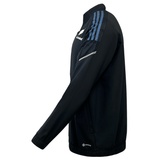 Side view of black long sleeve All Blacks jacket with three blue stripes across the shoulder and side pockets.