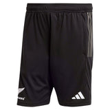 All Blacks Gym Shorts by adidas featuring a white logo on the left leg, three vertical stripes on the right side, and moisture-wicking AEROREADY technology. Perfect for New Zealand All Blacks supporters.