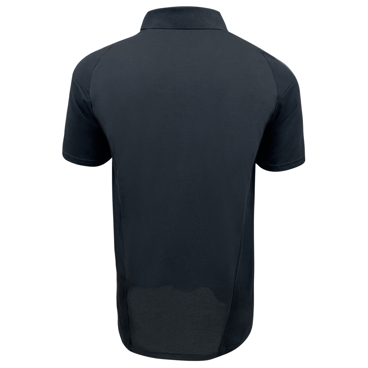 The sentence could be rewritten as:

A plain black short-sleeve All Blacks Polo by adidas is shown from the back, featuring the adidas logo on the sleeve.