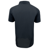 The sentence could be rewritten as:

A plain black short-sleeve All Blacks Polo by adidas is shown from the back, featuring the adidas logo on the sleeve.