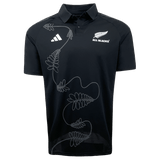 The All Blacks Polo by adidas showcases the adidas logo, "All Blacks" team name, and an intricate French fern design on the front.