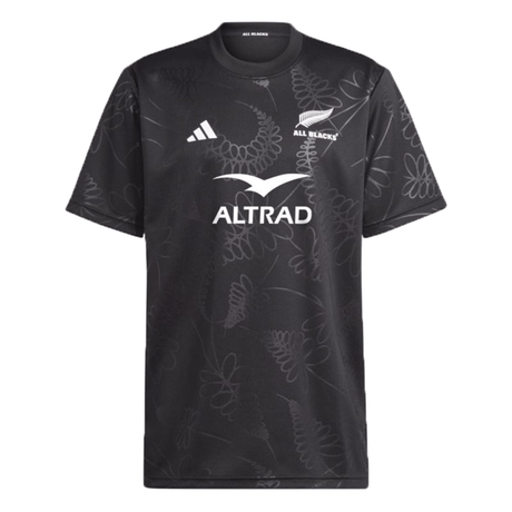 Introducing the All Blacks Supporter Tee by adidas – a sleek black sports jersey emblazoned with the words "All Blacks" and featuring logos for adidas, Altrad, and the New Zealand Silver Fern. Crafted with AEROREADY technology and adorned with a subtle feather pattern design in the fabric, it's both stylish and functional.