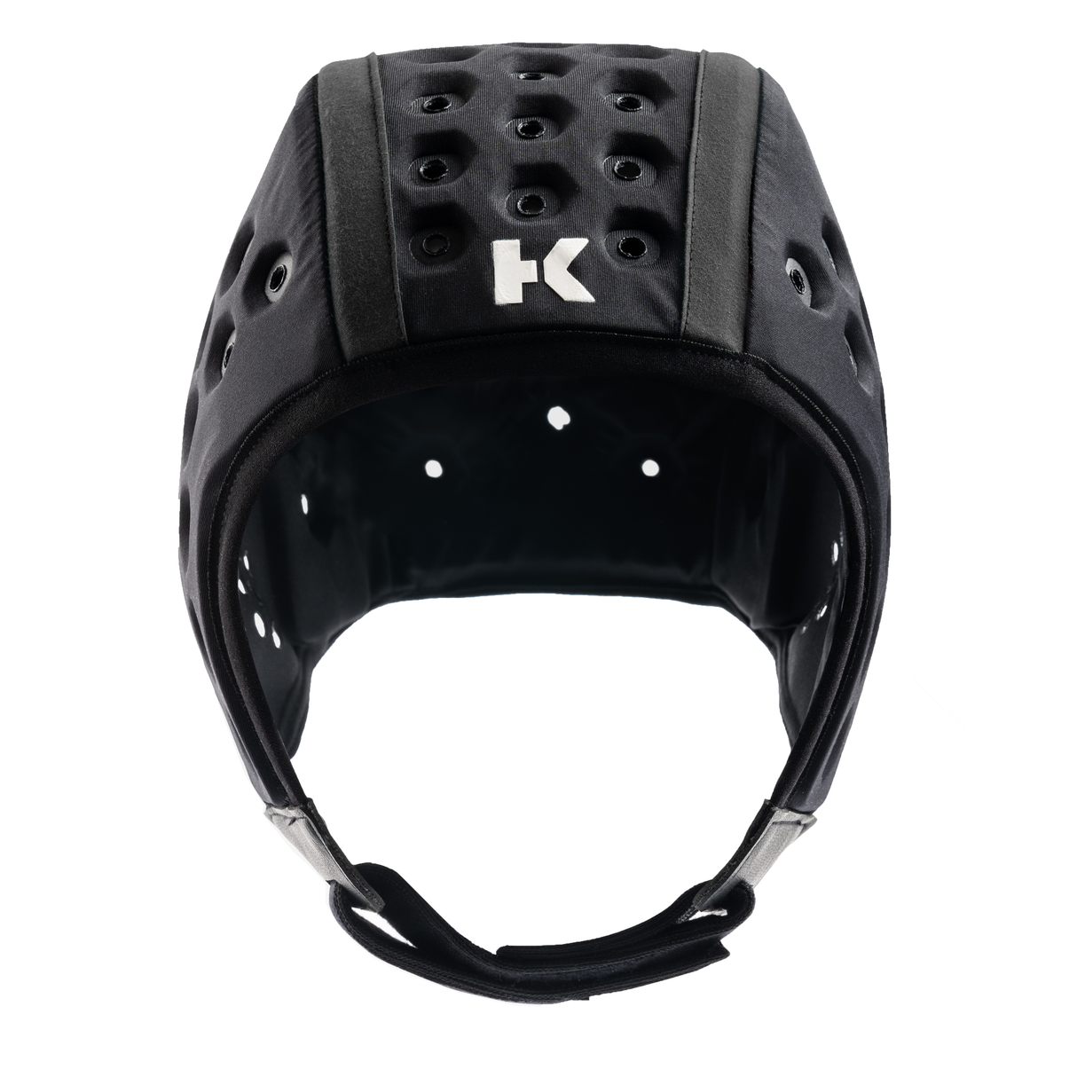 The Hedkayse R5 Headguard is black with ventilation holes and features a silver "K" logo, designed by Hedkayse for optimal rugby protection.