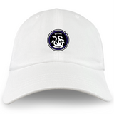 The EMB Alpha Broder Helena Youth Rugby Dad Cap is a low-profile cotton twill baseball cap featuring an embroidered round logo with a coiled serpent and the words "Helena Hydra," perfect for classic dad style.