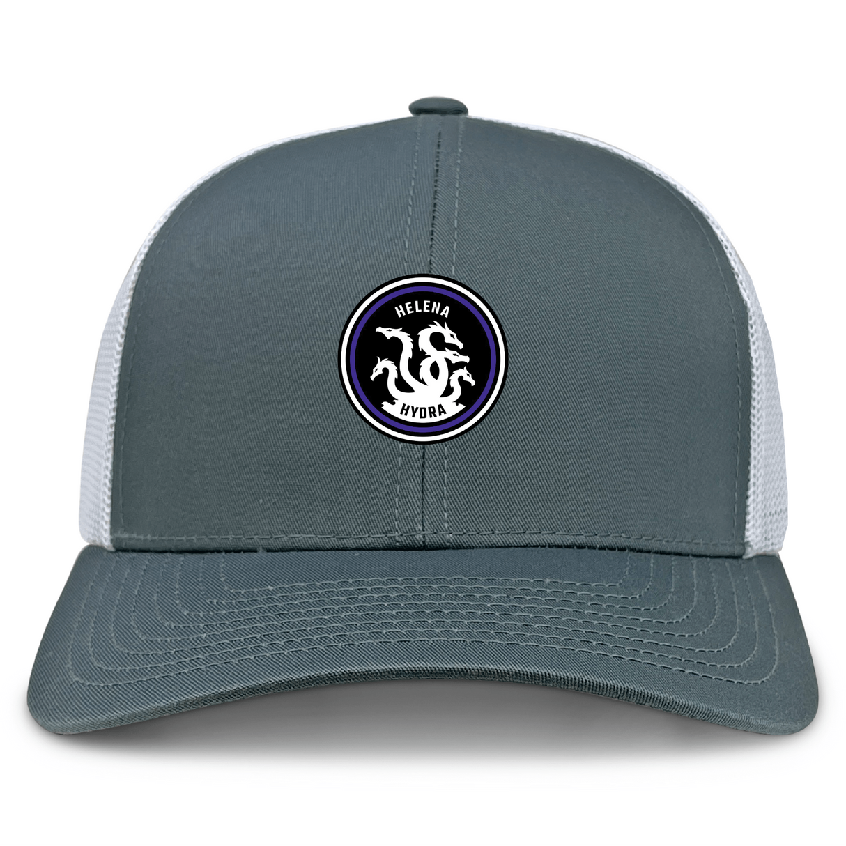 The Helena Youth Rugby Retro Trucker Cap by EMB Alpha Broder features a circular three-headed hydra patch with "Helena Hydra" text on the front. This gray and white cap is crafted from a polyester-cotton blend and includes a snapback closure for adjustable fit.