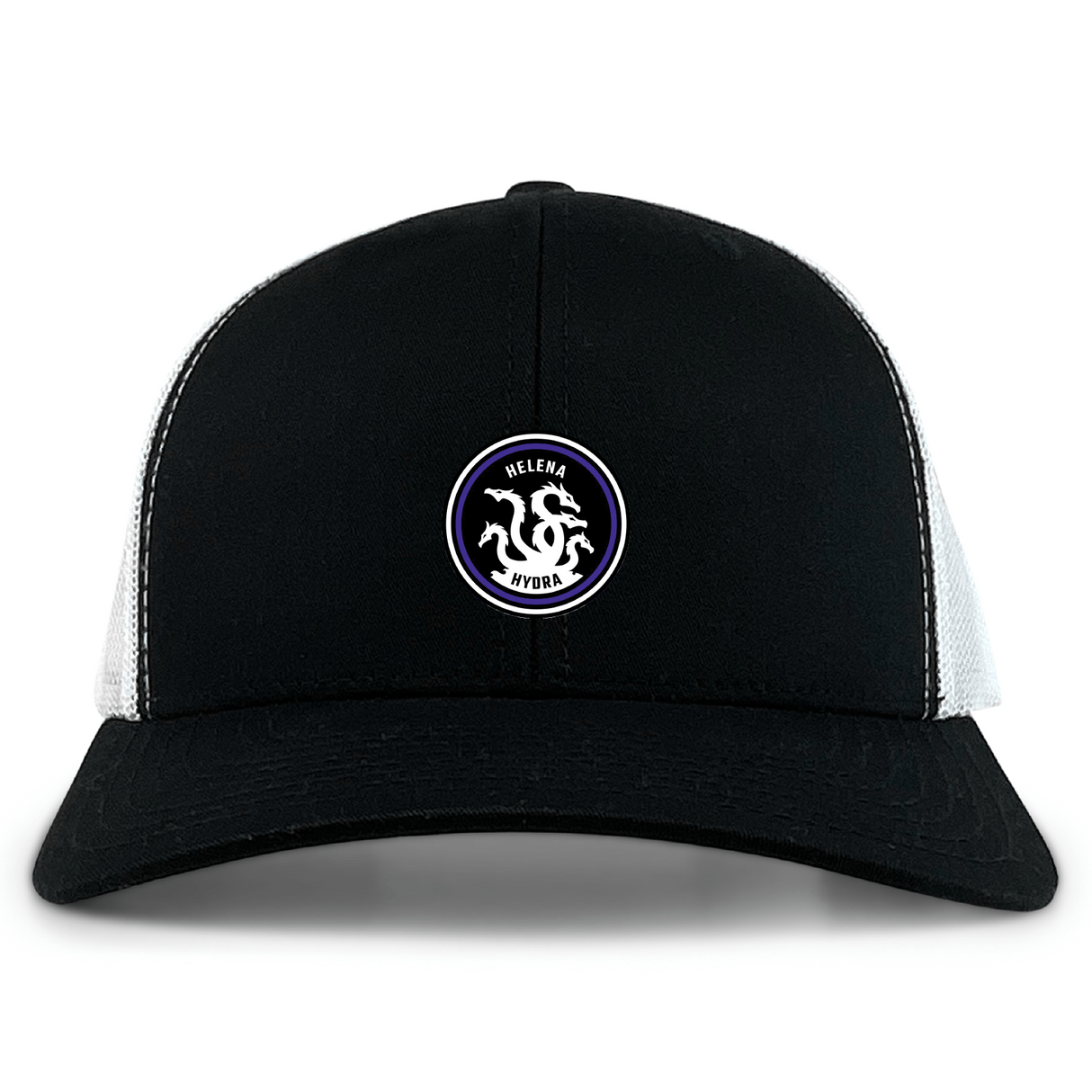 The Helena Youth Rugby Retro Trucker Cap by EMB Alpha Broder is a black and white polyester cotton blend hat with a circular logo featuring a two-headed serpent and "Helena Hydra" text. Its snapback closure enhances comfort and style.